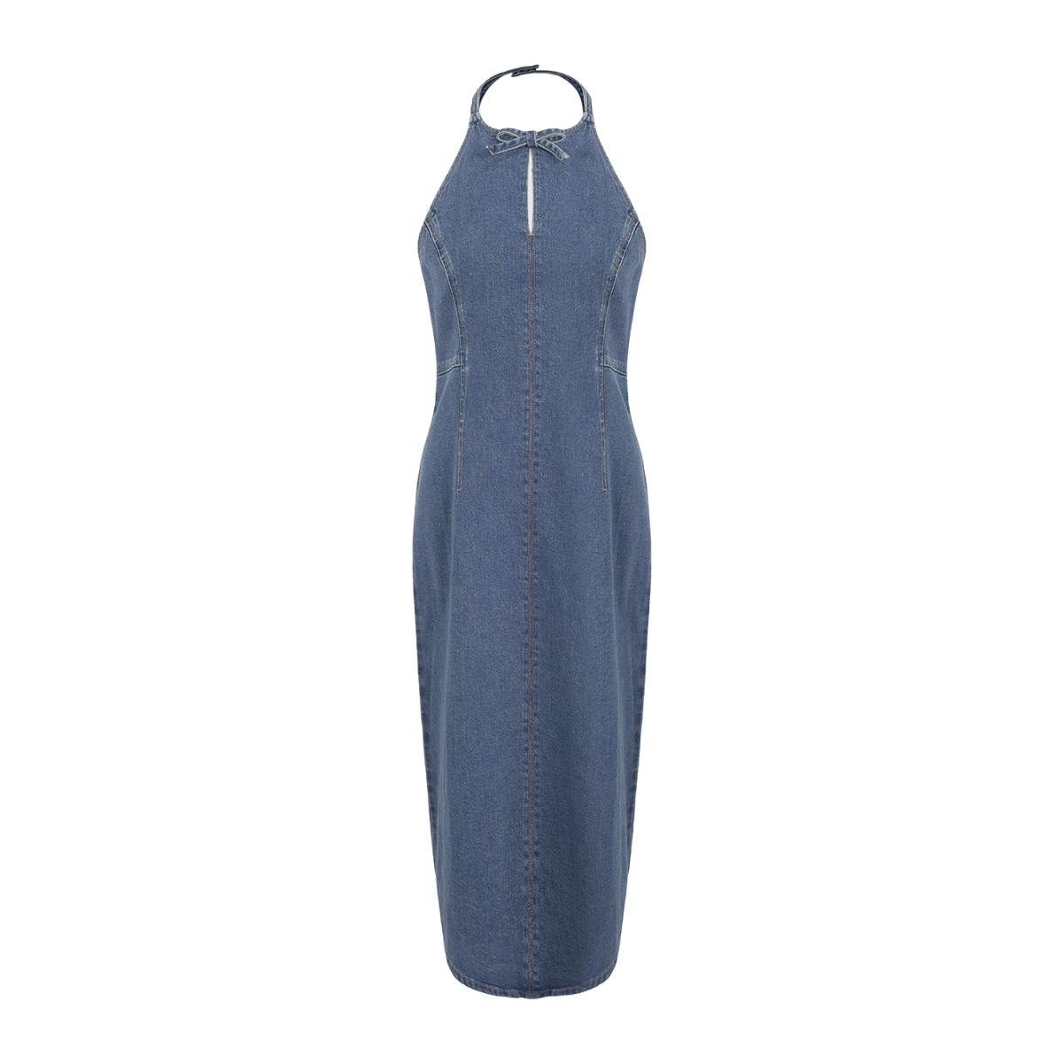 Halter Neck Cut-Out Denim Midi Dress