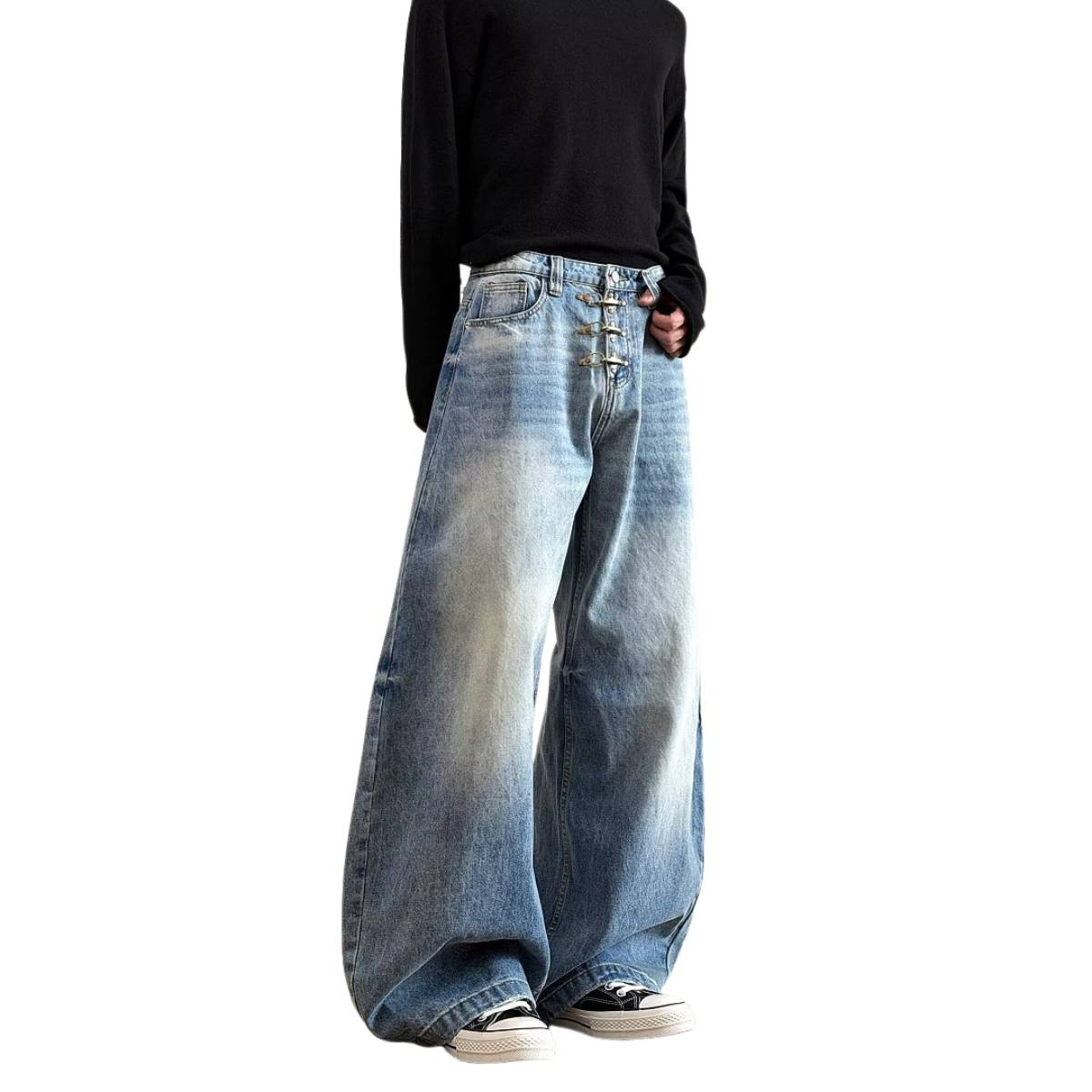 Vintage Washed Curved-Leg Denim Jeans