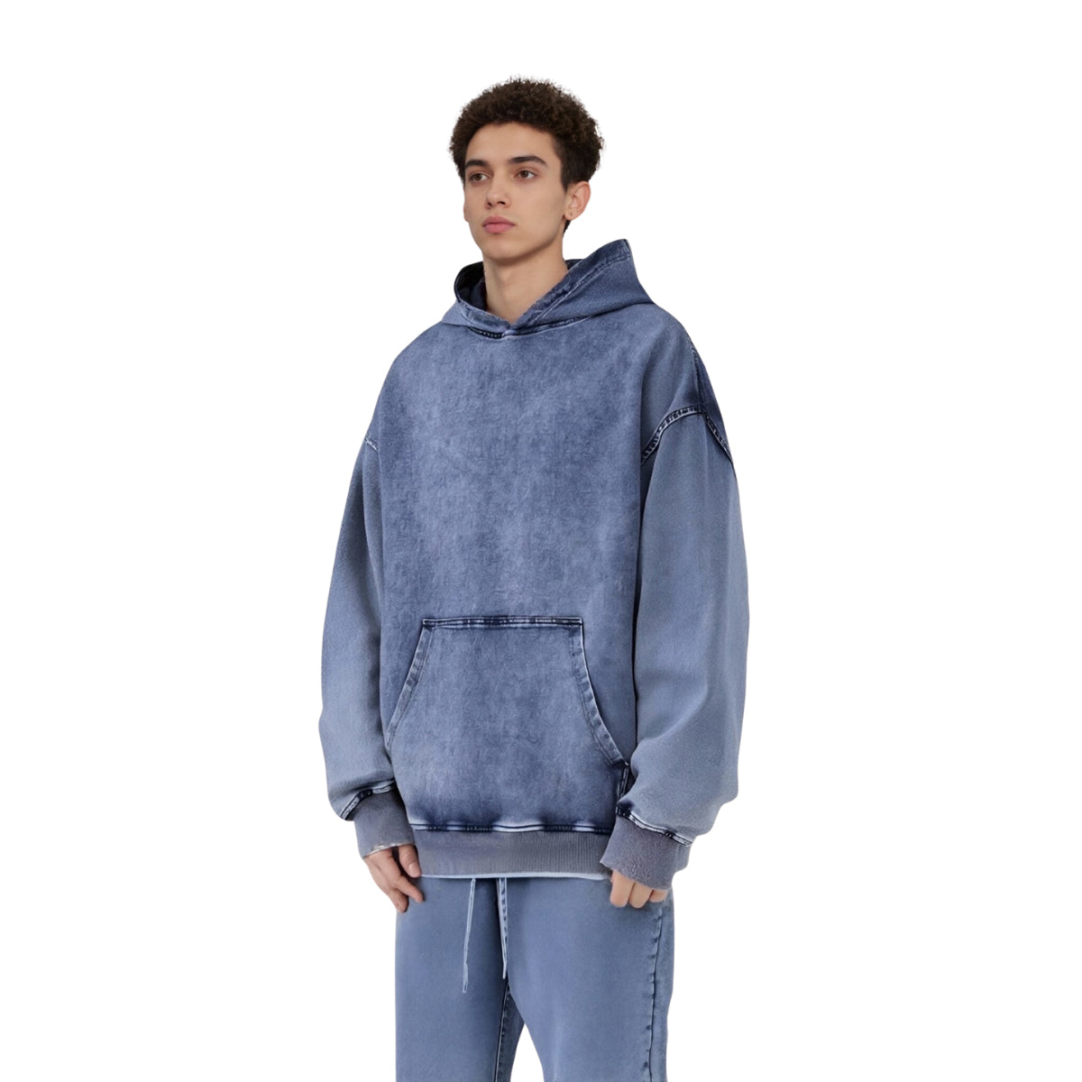 Knit Denim Kangaroo Pocket Hoodie