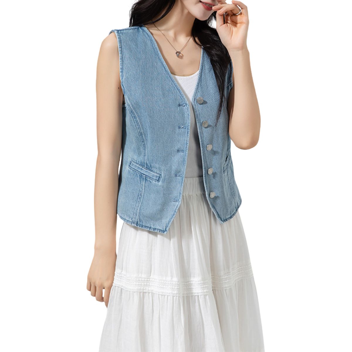 Denim V-Neck Button Down Vest