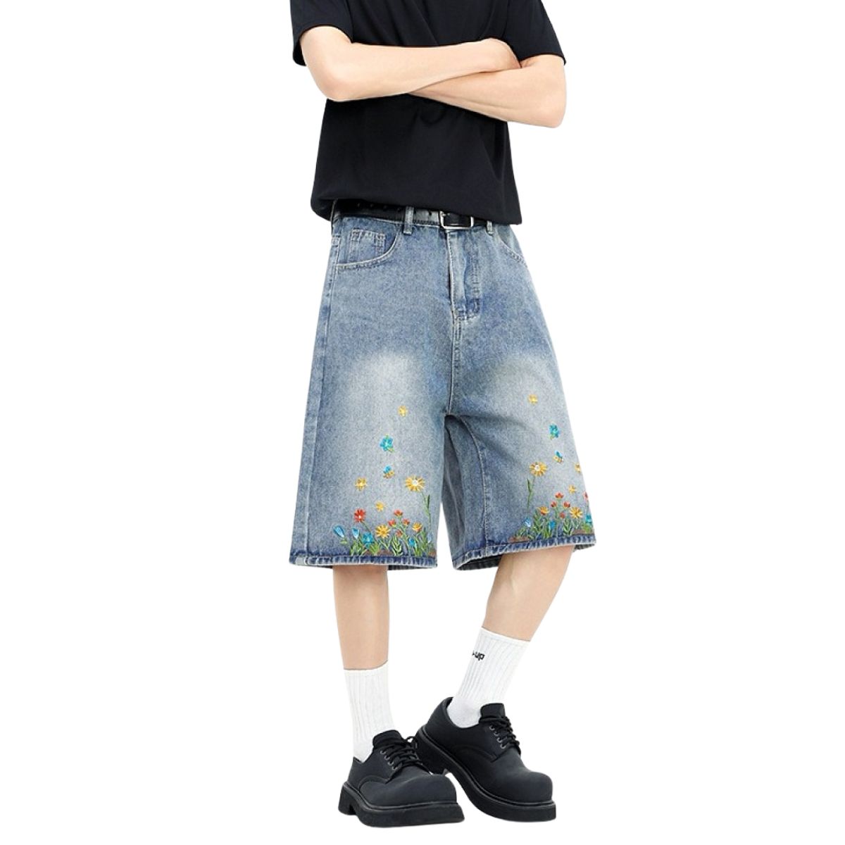 Floral Embroidery Washed Denim Shorts