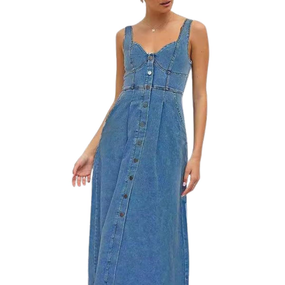 Button-Up Fitted Denim Cami Mididress