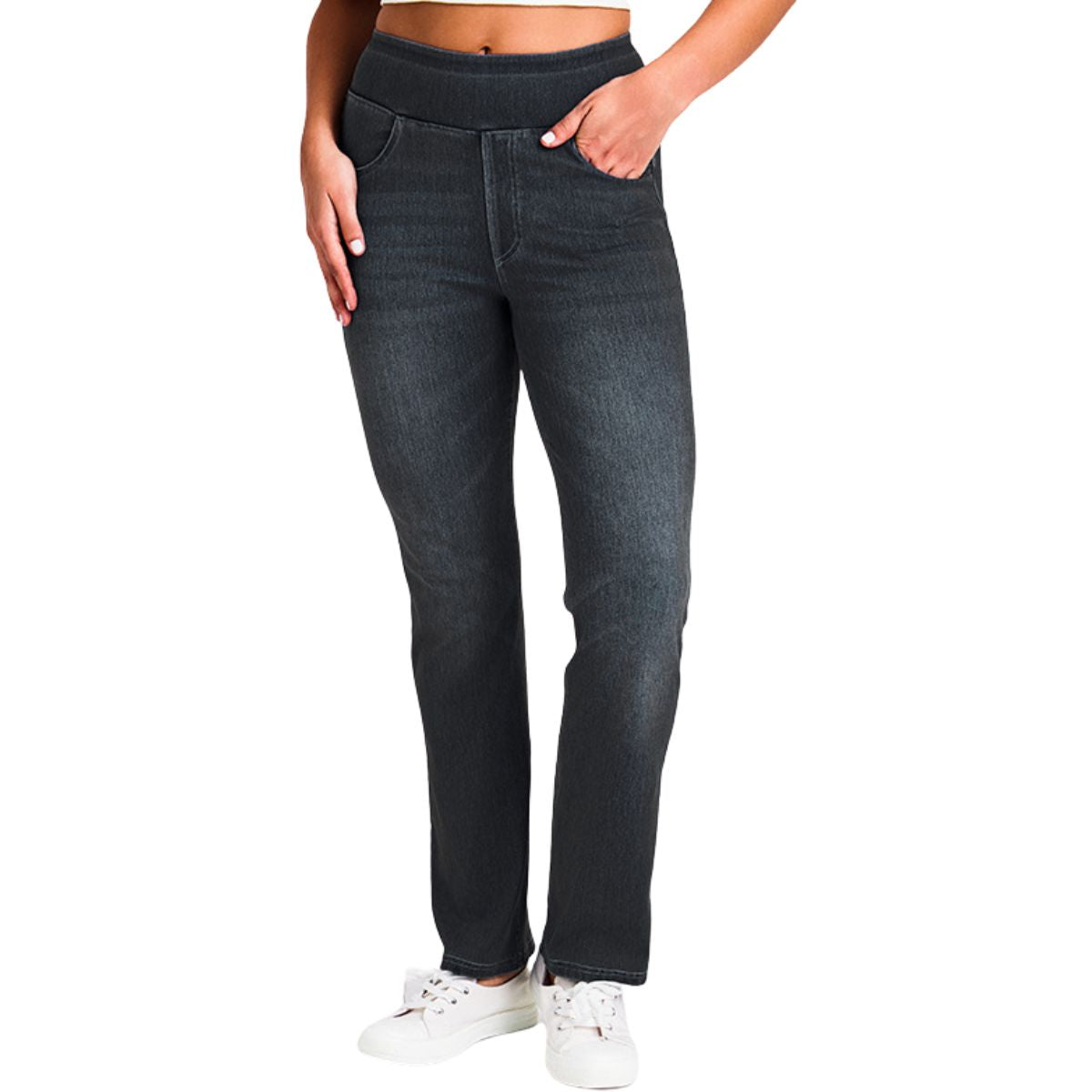 Mid-Rise Washed Whisker Knit Denim Pants