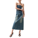 Vintage Wash Denim Belted Strapless Midi Dress
