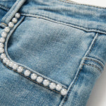 Rose Embroidered Lace-Cut Jeans with Pearl Beading