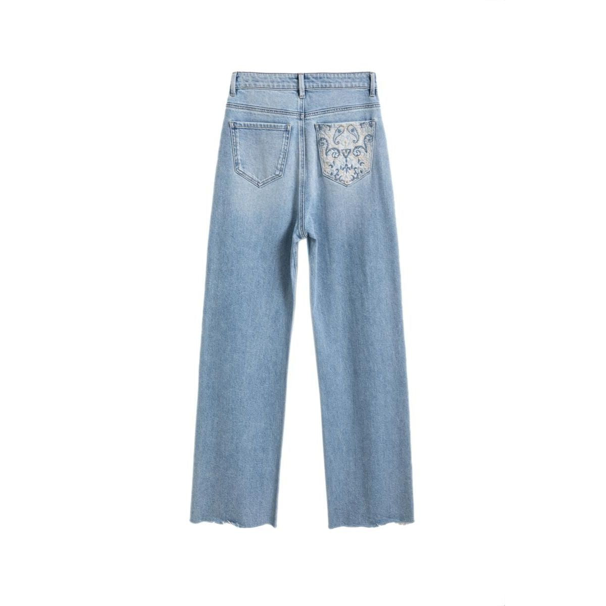Raw Hem Embroidered Pearl-Frog Closures Jeans