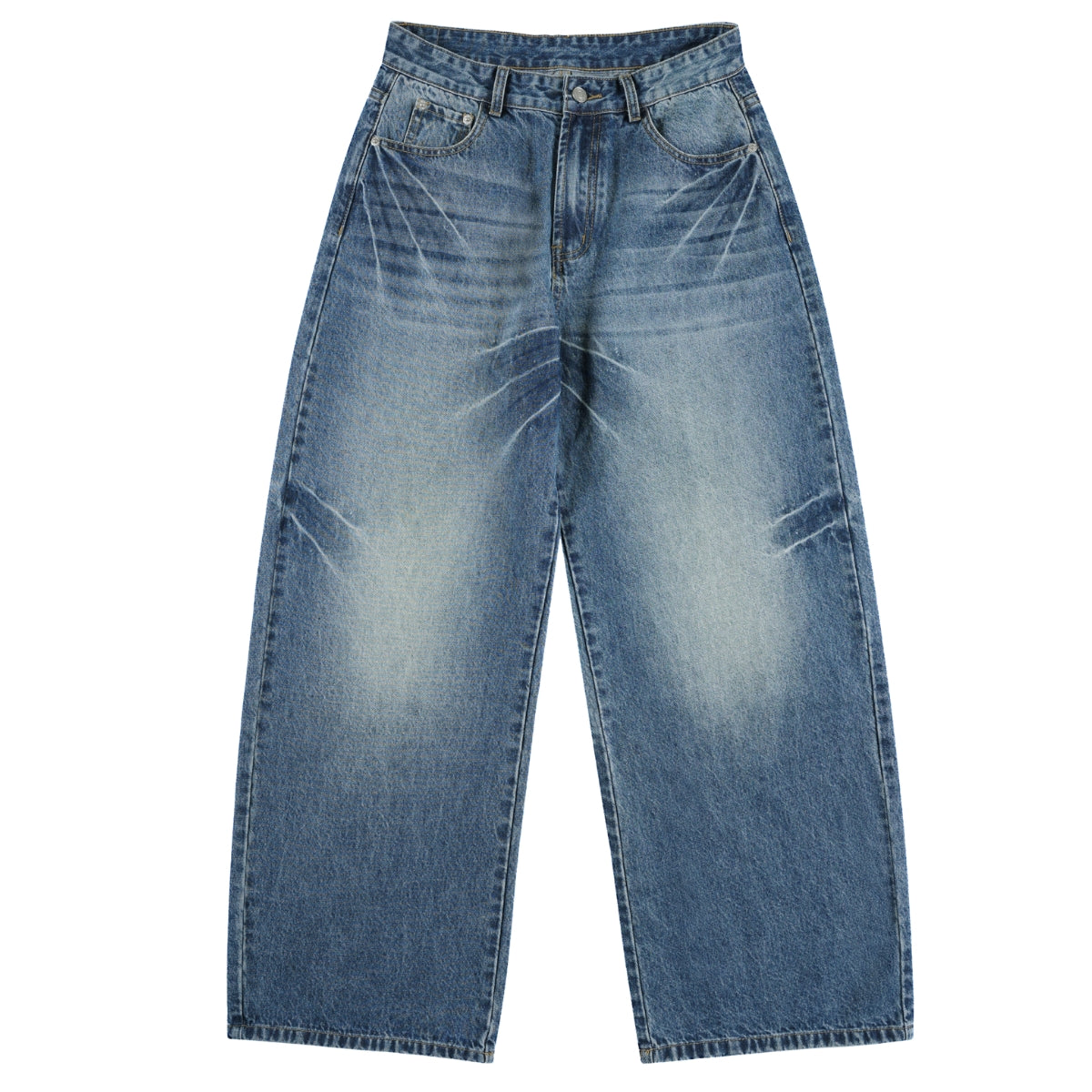 Faded Crackle Wash Baggy Curved Leg Denim Jeans
