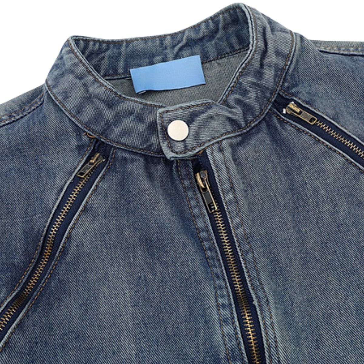 Men's American Zipper Design Washed Distressed Denim Jacket