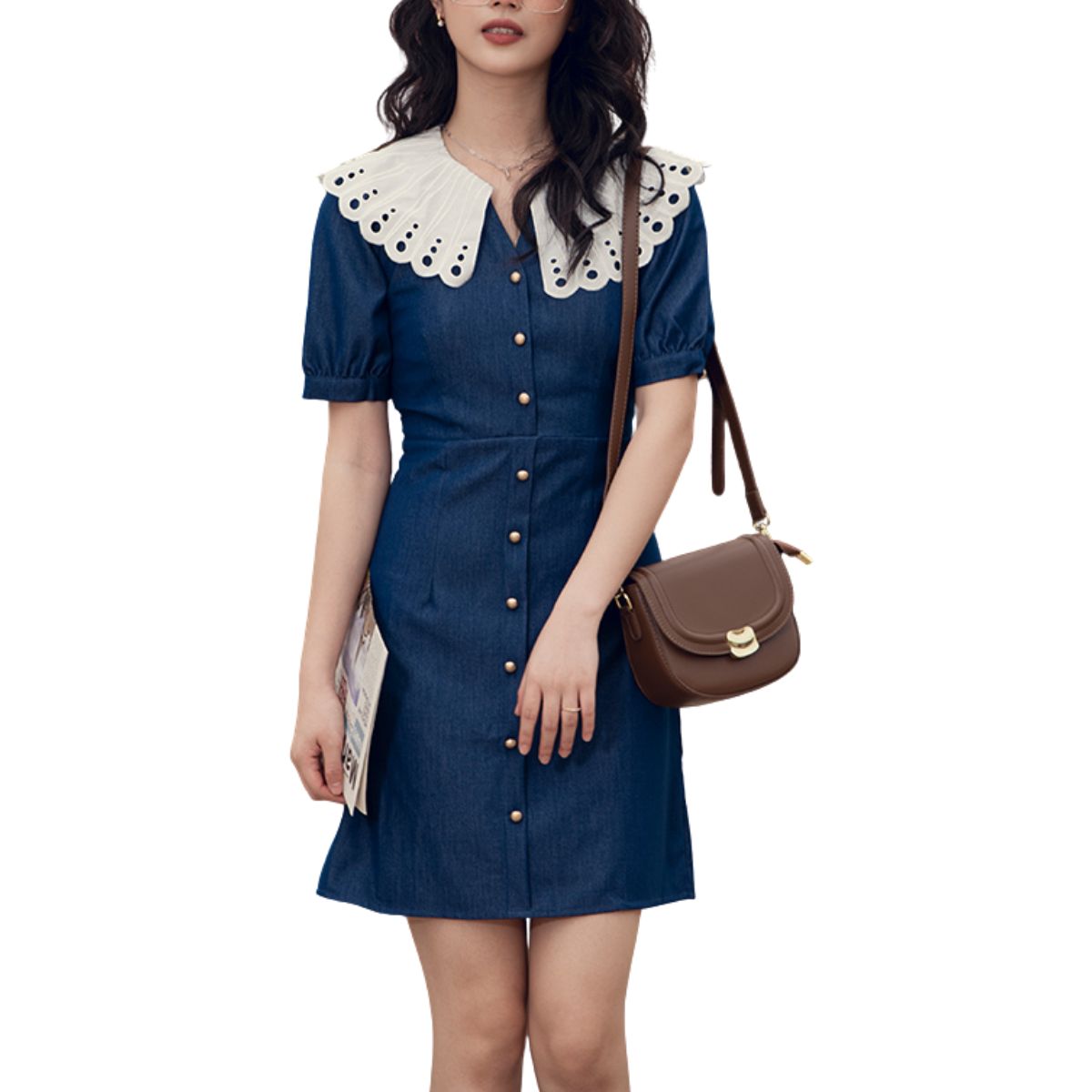 Butterfly Collar Puff Sleeve Denim Mini Dress