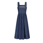 Square-Neck Denim Gathered Waist Maxi Dress