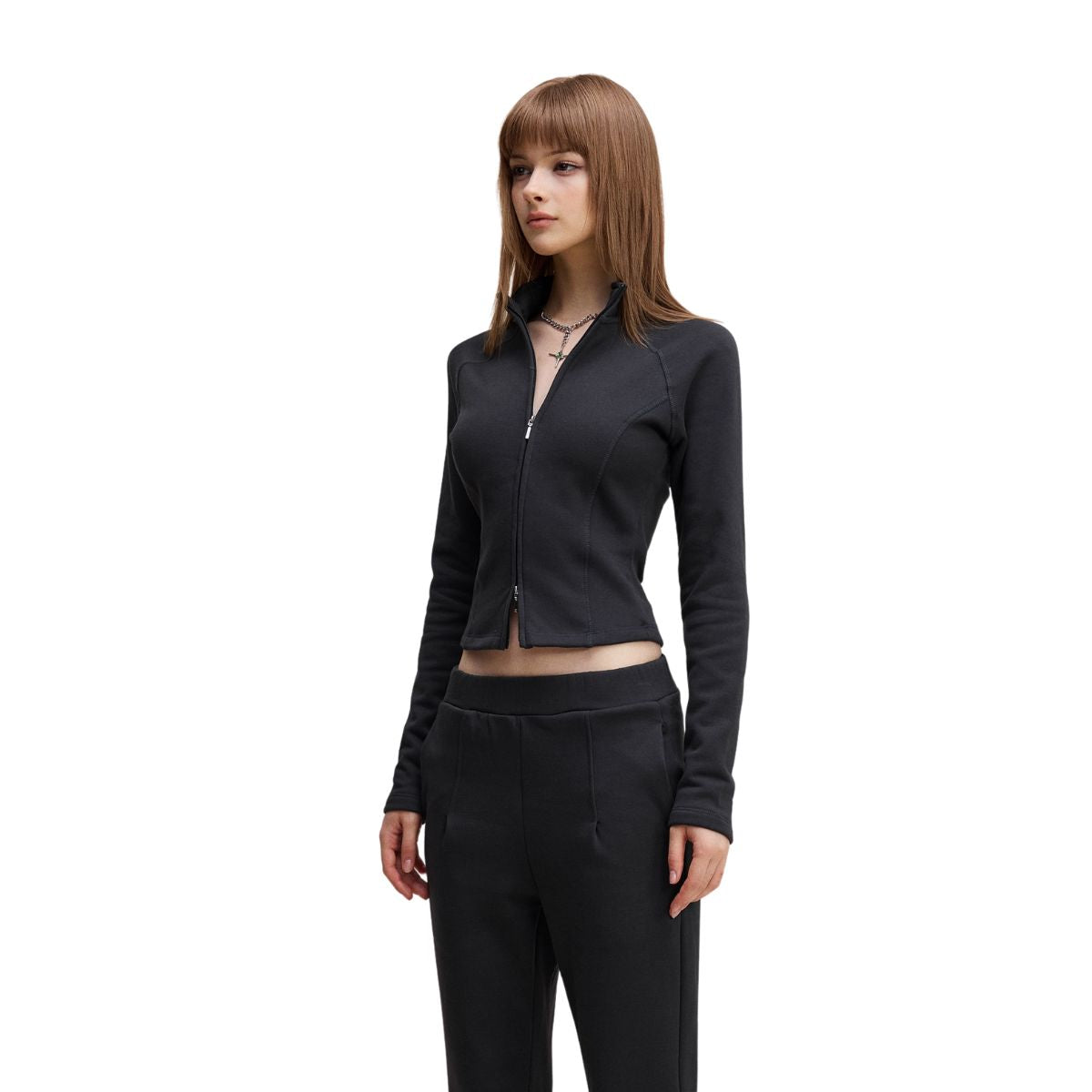 Double-Slider Zipper Fleece Cropped Sweatshirt