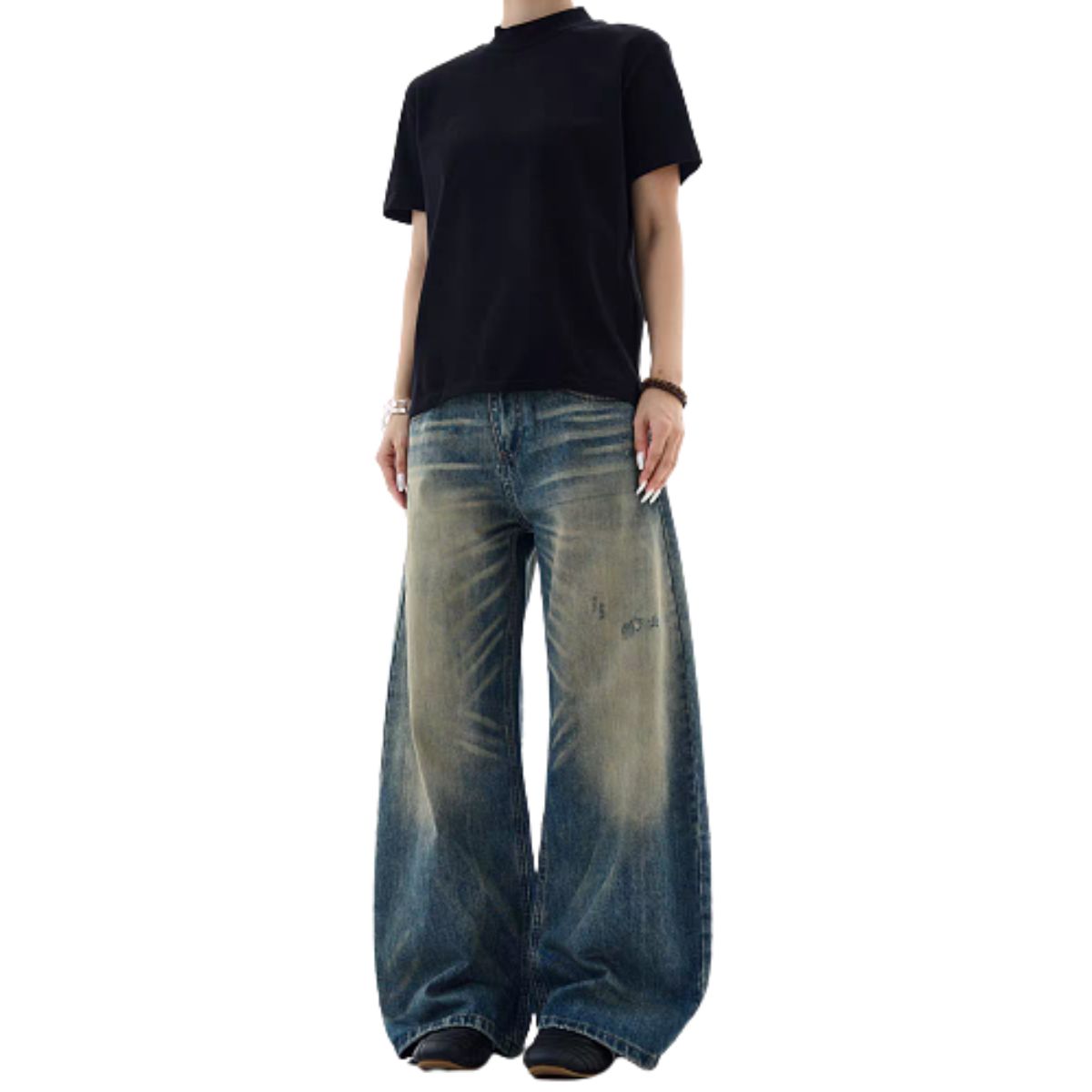 Washed Vintage Curved Leg Loose Fit Denim Jeans