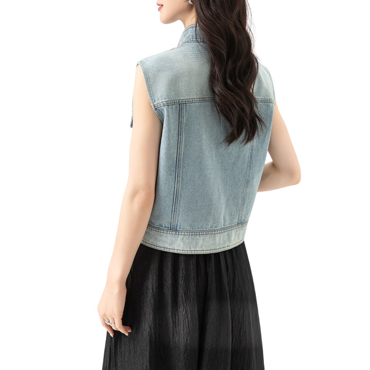 Rhinestone Embellished Washed Denim Vest