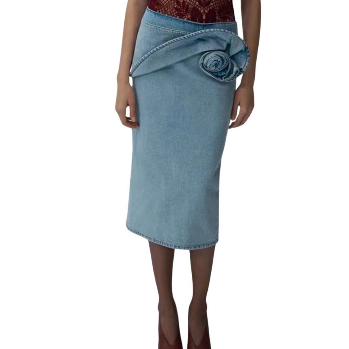 Floral Appliqu¨¦ Denim Midi Skirt