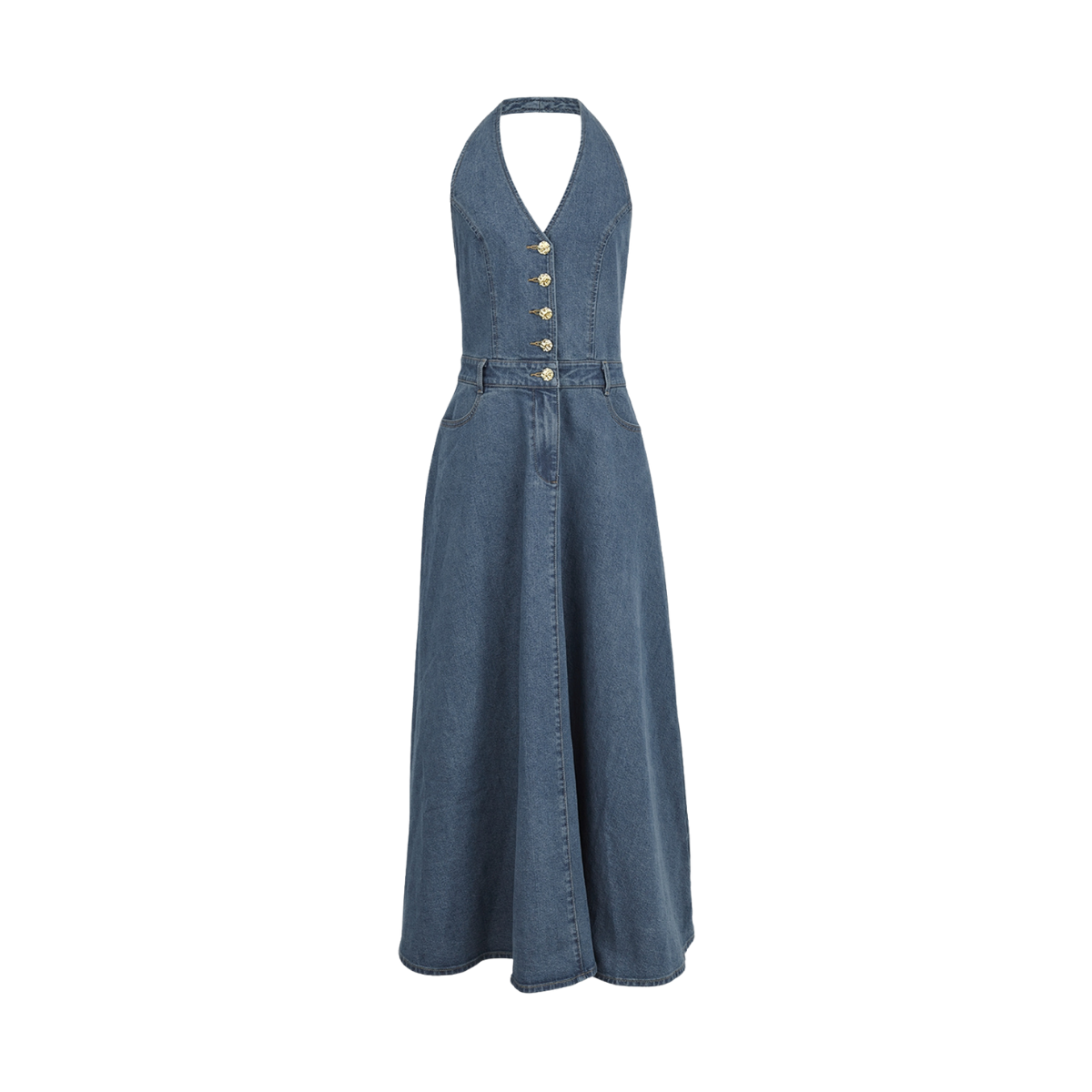 Button Front Halter Neck Denim Midi Dress