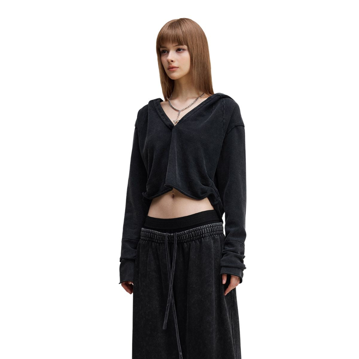 Ruched Waist Cotton Cropped Hoodie