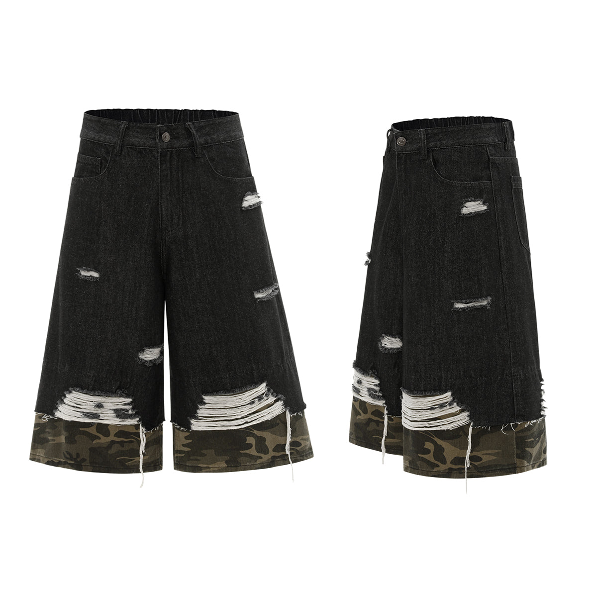 Camo Patchwork Denim Ripped Bermuda Shorts