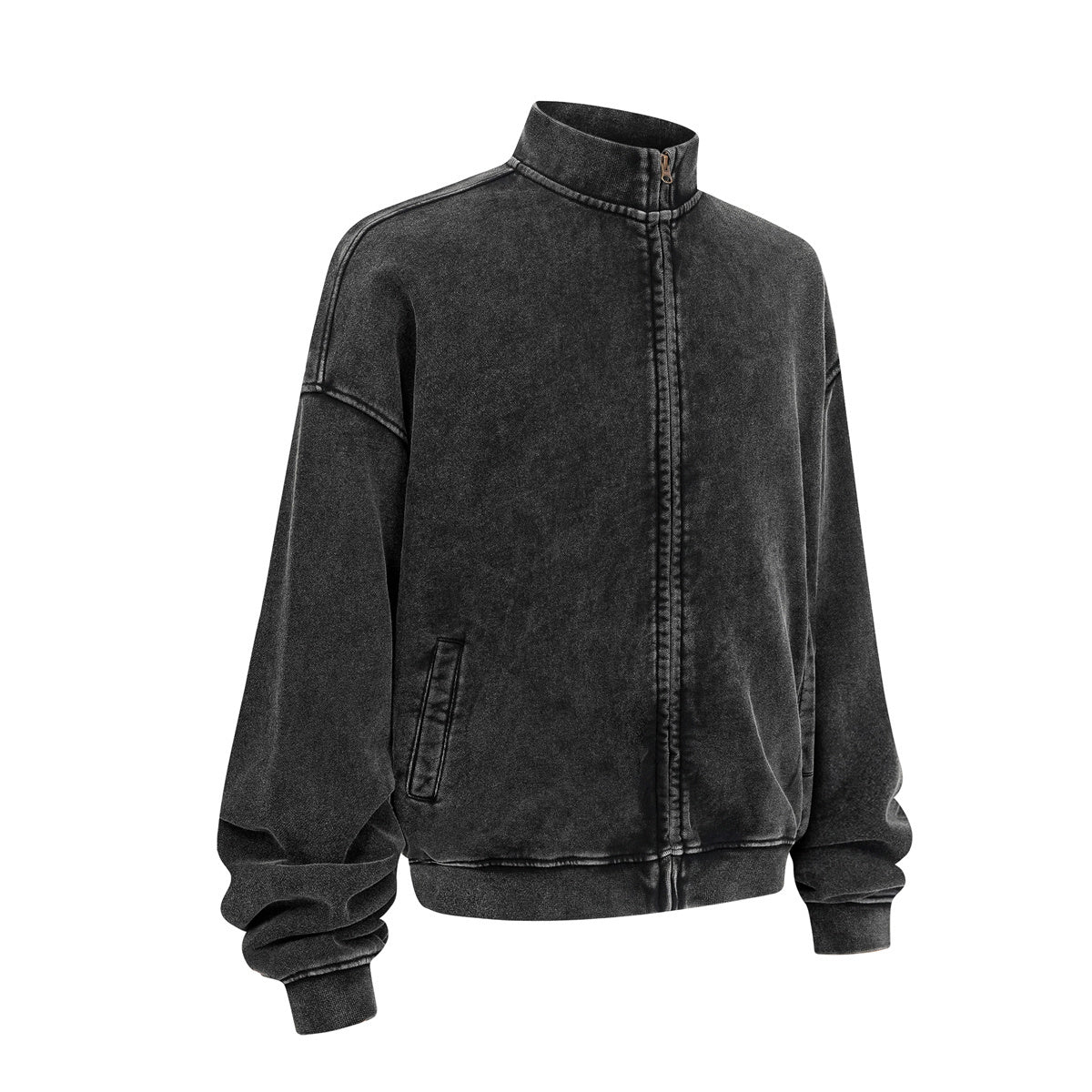 Vintage Zip-Up Ribbed Stand Collar Sweatshirt