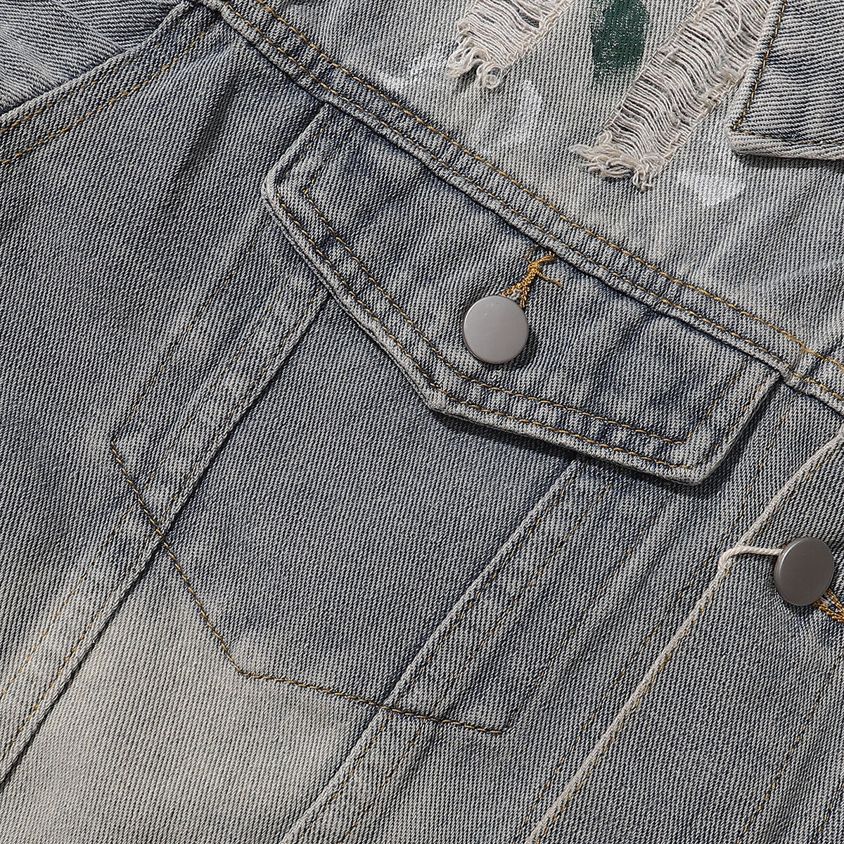 Paint-Spray Ripped Denim Trucker Jacket