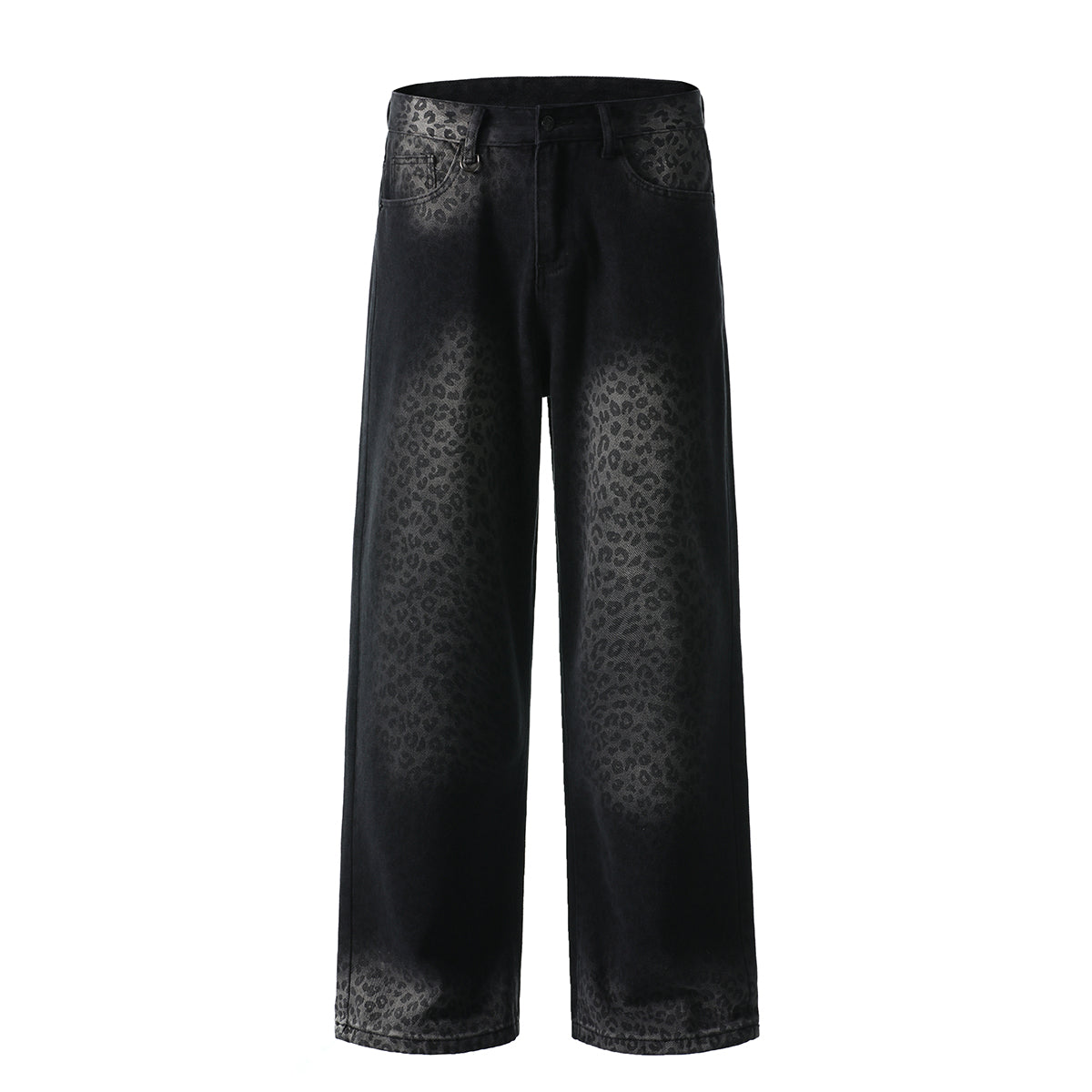 Black Wash Leopard-Print Wide-Leg Jeans