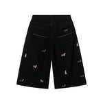Dog Embroidery Design Vintage Washed Denim Shorts