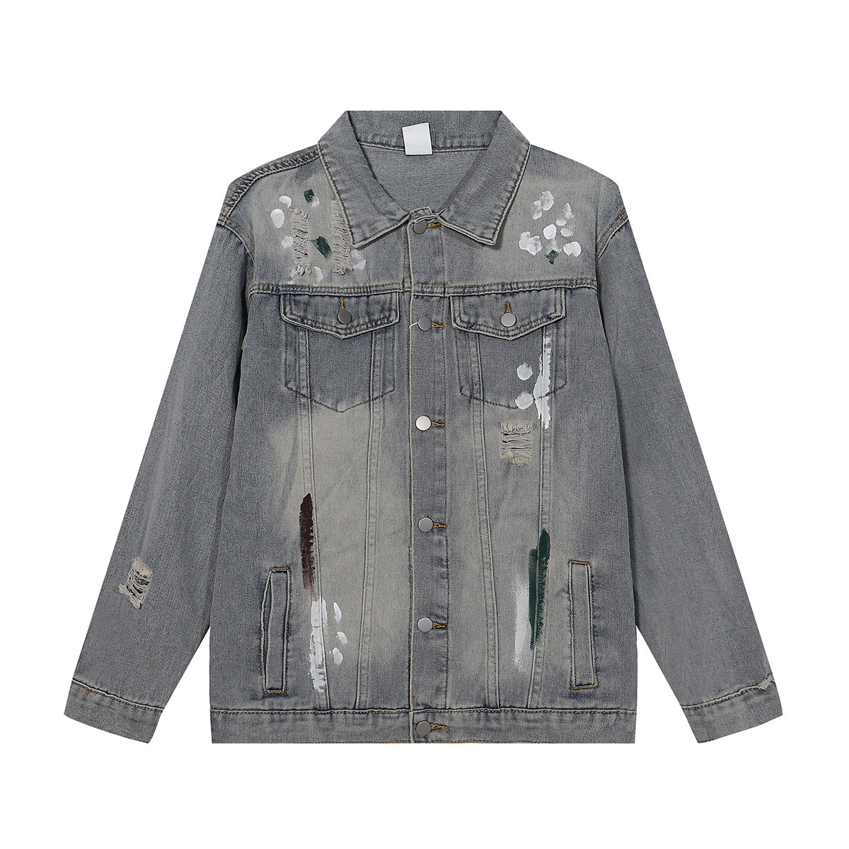 Paint-Spray Ripped Denim Trucker Jacket