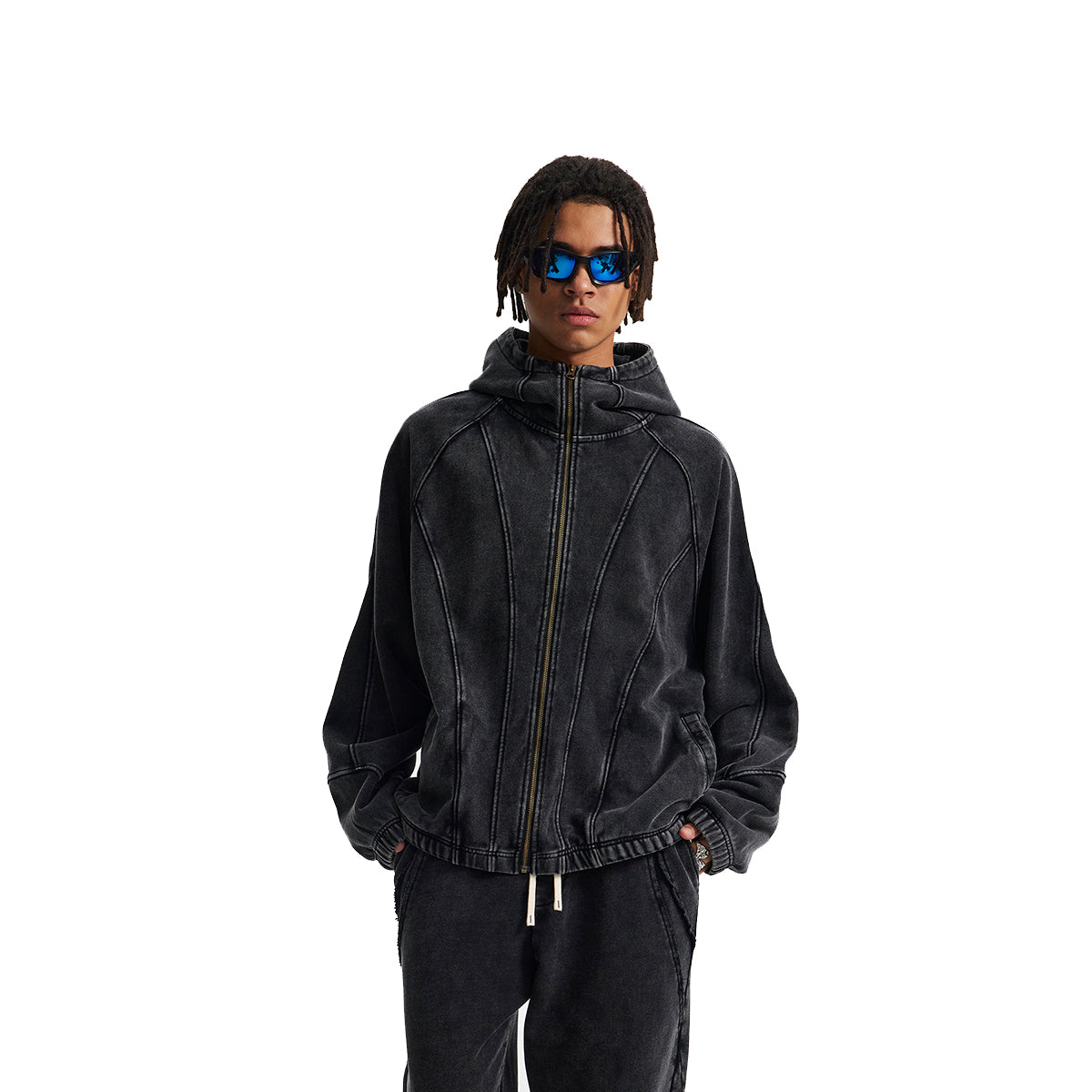 Vintage Washed Oversized Curved Stitch Zip Hoodie