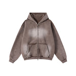 Front-Zip Raw Edge Ripped Hoodie