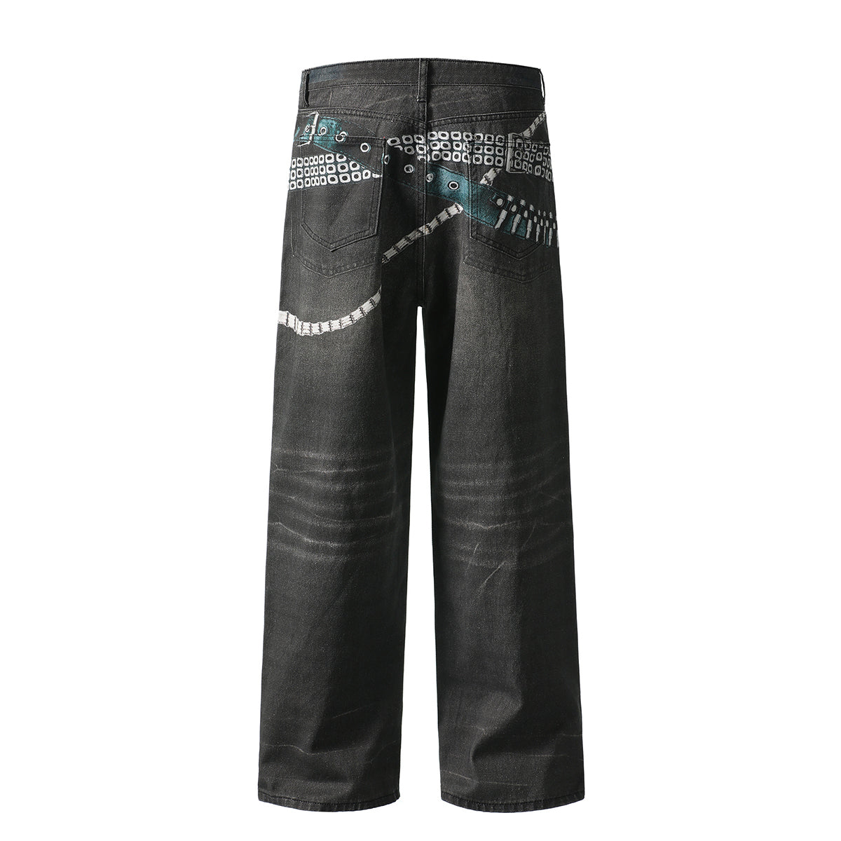 Vintage Washed Black Wide-Leg Printed Jeans
