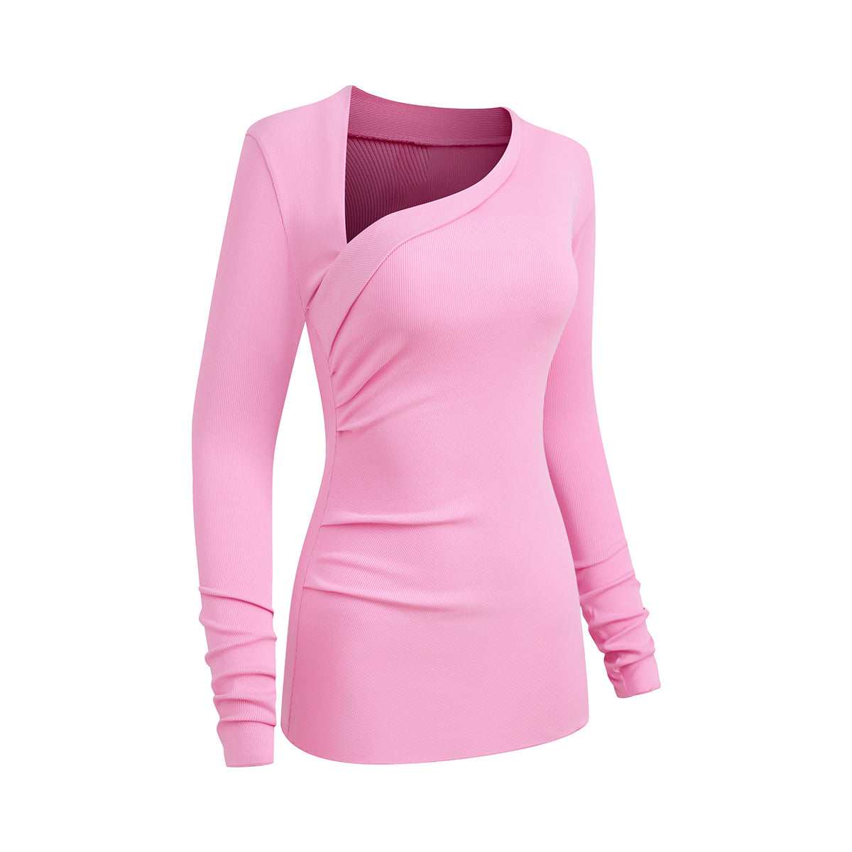 Asymmetric Neck Long Sleeve Ribbed Top