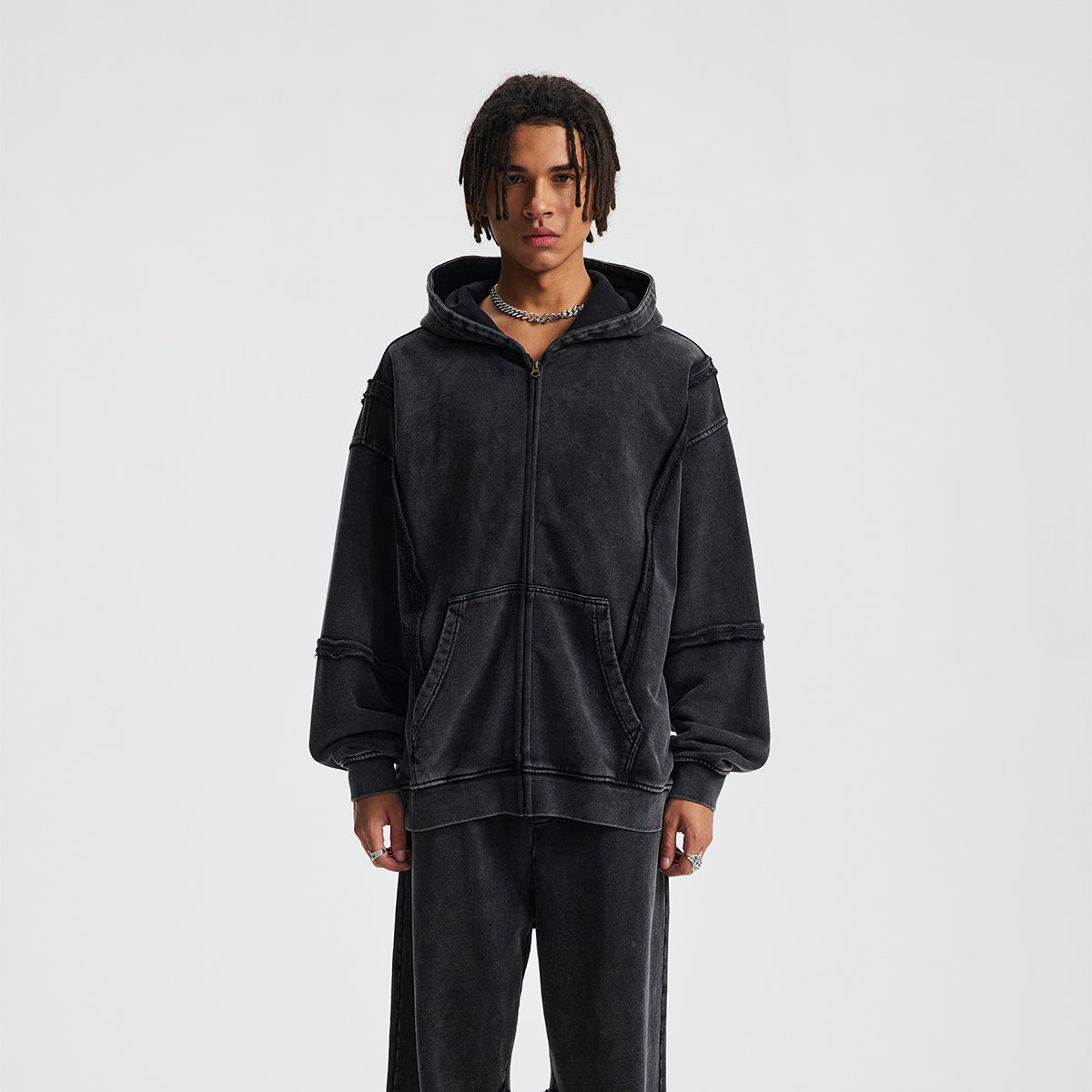 Distressed Vintage Wash Zip Up Hoodie