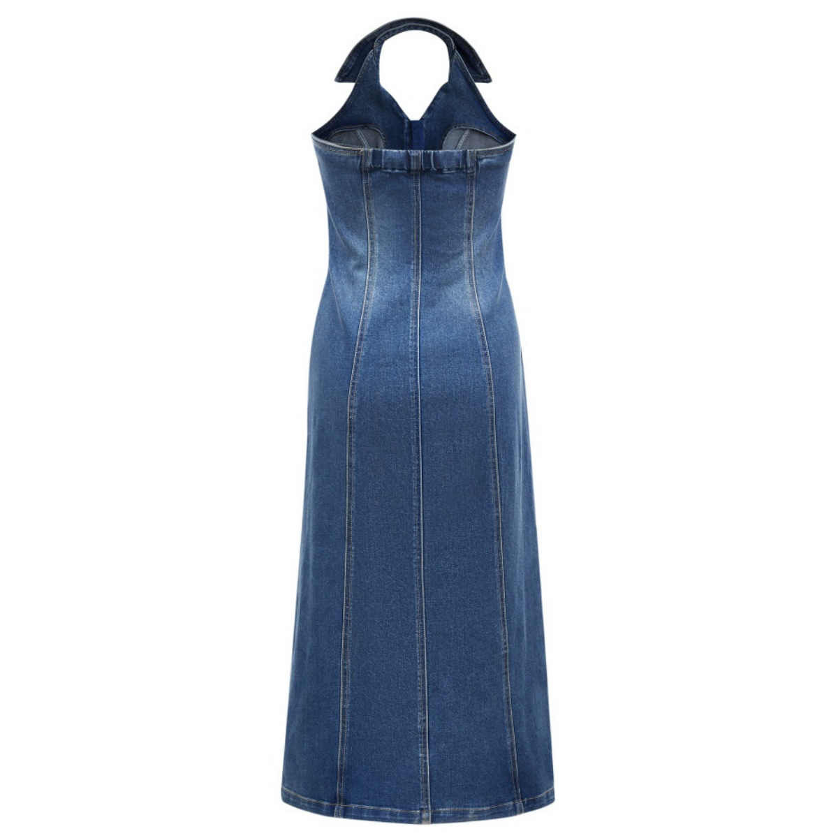 Blue Halter Neck Zip Front Denim Midi Dress