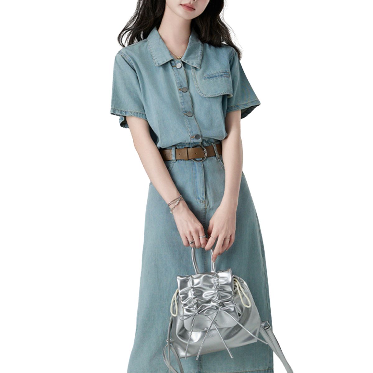 Pleated Short Sleeve Midi Denim Shirtdress