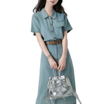 Pleated Short Sleeve Midi Denim Shirtdress