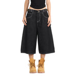 Retro Raw Denim Wide-Leg Bermuda Shorts