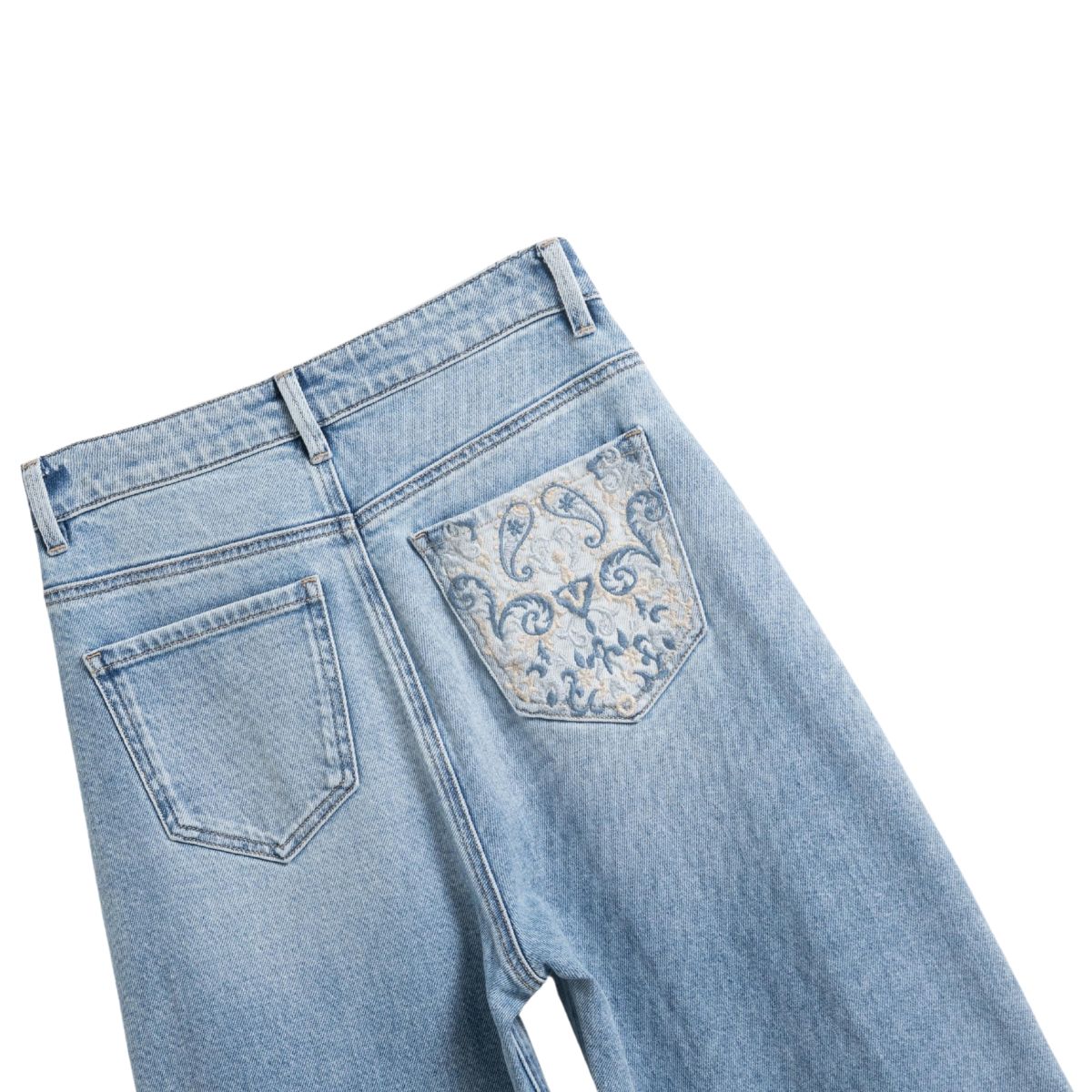 Raw Hem Embroidered Pearl-Frog Closures Jeans