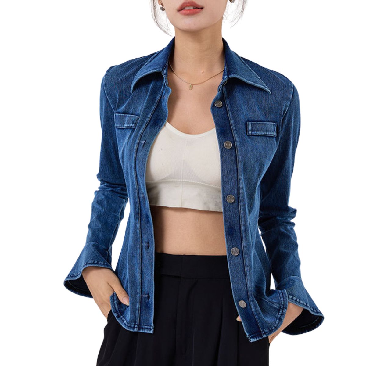 Knit Denim Button-Front Long Sleeve Shirt