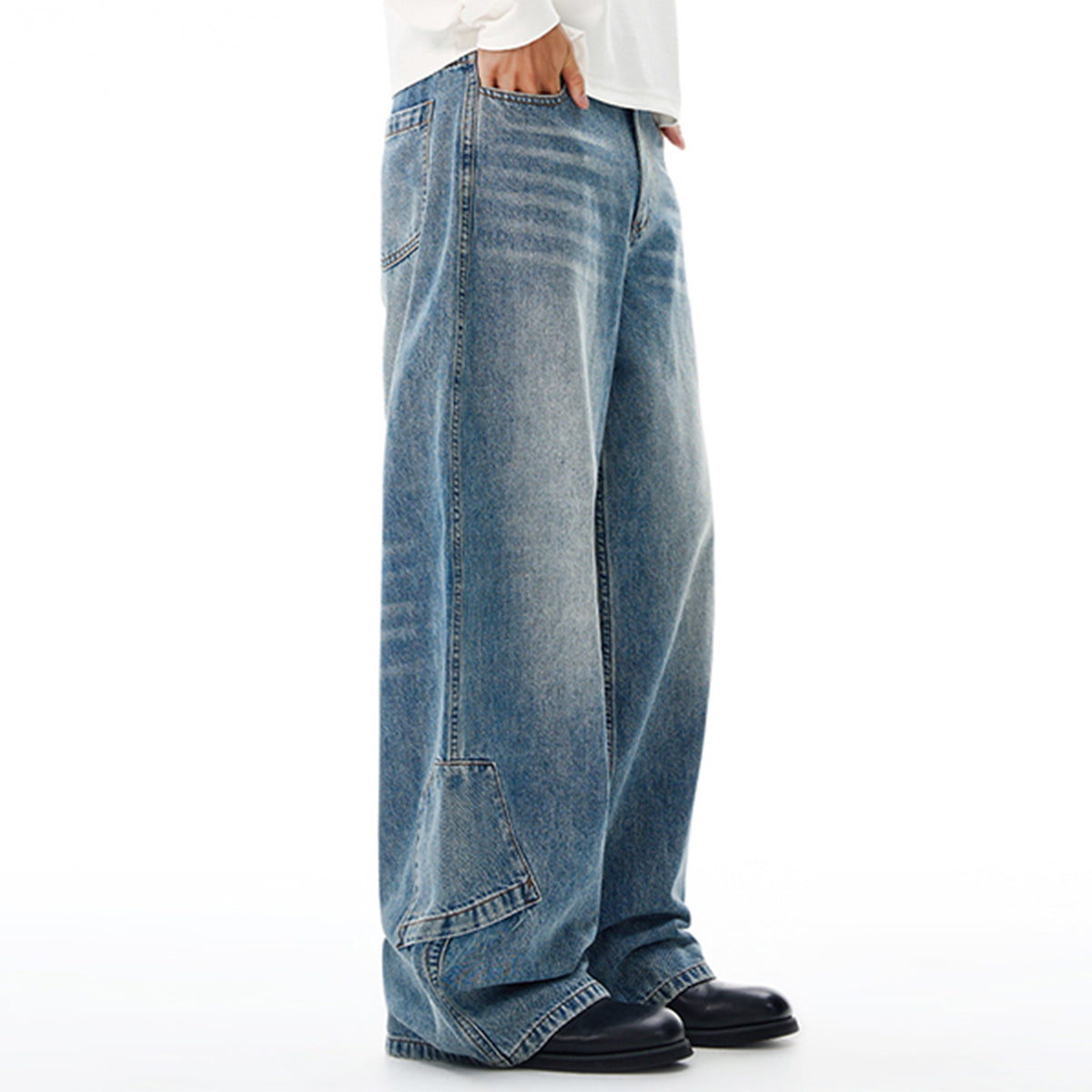 Vintage Washed Light Blue Carpenter Wide-Leg Jeans