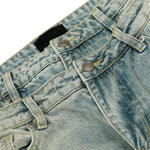Men's Two-Tone Double Waist Denim Pants Washed Distressed Punk