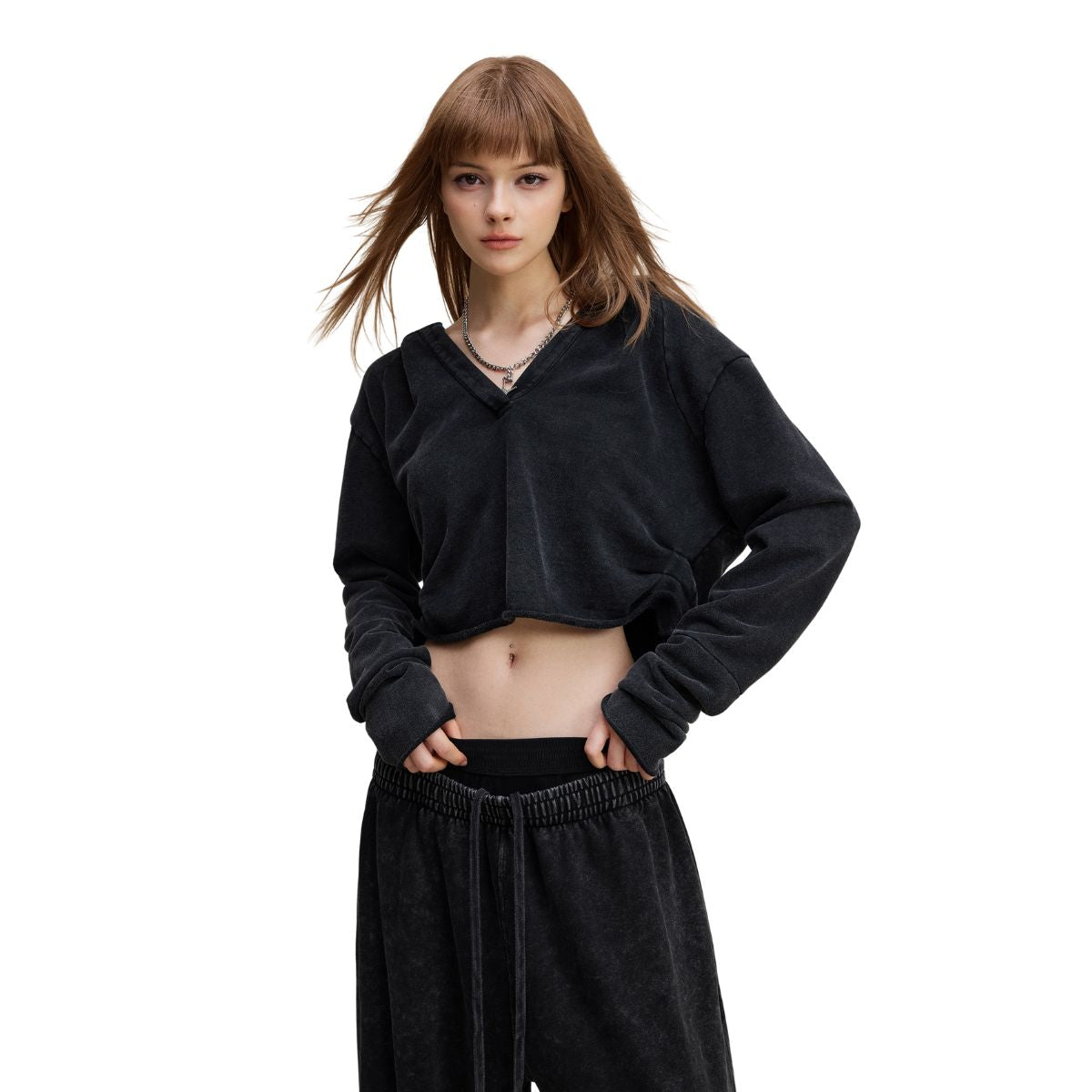 Ruched Waist Cotton Cropped Hoodie