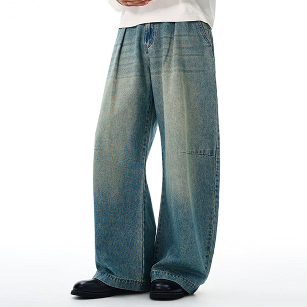 Vintage Washed Wide Leg Pleated Relaxed Jeans