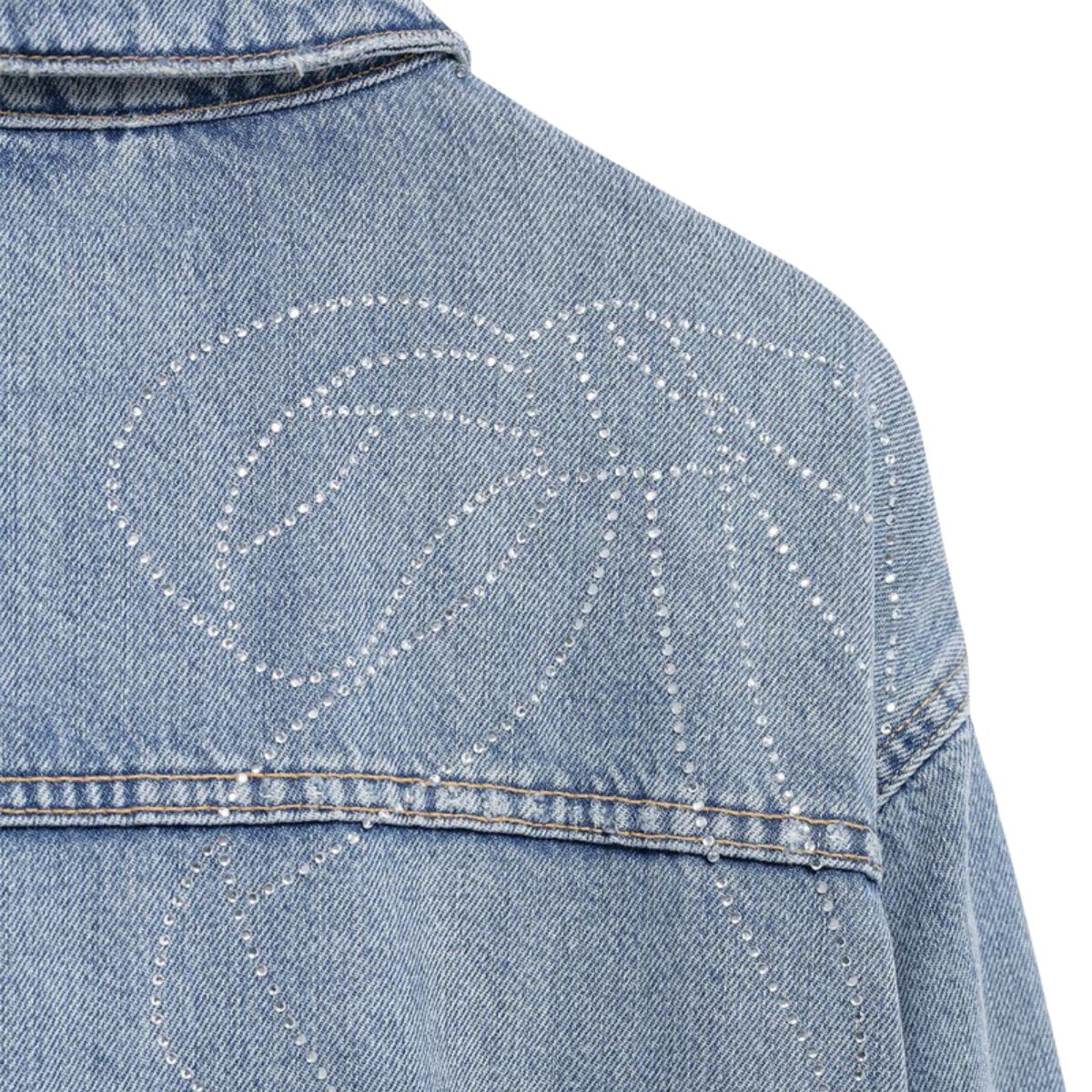 Rhinestone Bow Back Washed Denim Trucker Jacket