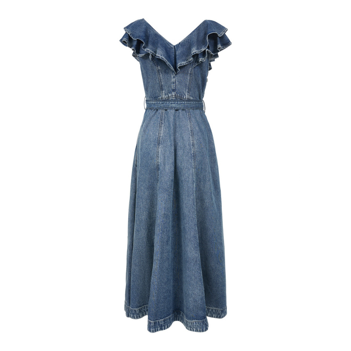 Belted Denim Ruffled Maxi Dress
