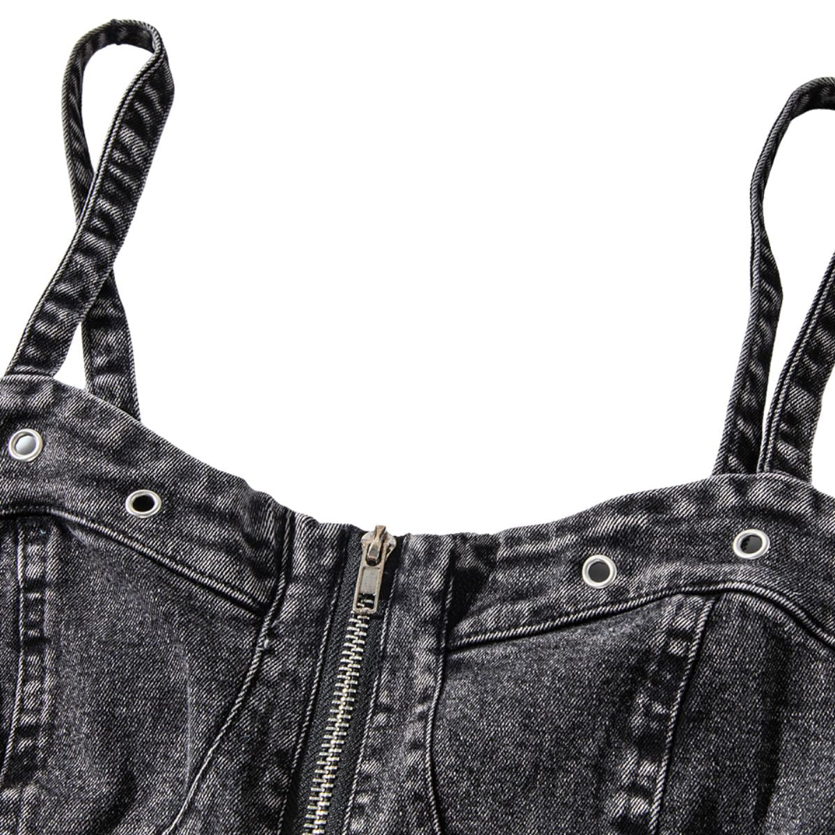 Front-Zip Smocked Denim Mini Dress