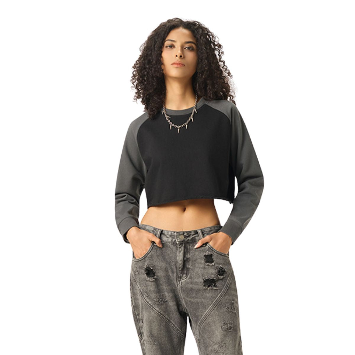 Contrasting Colors Raglan Long-Sleeve Cropped Sweatshirt