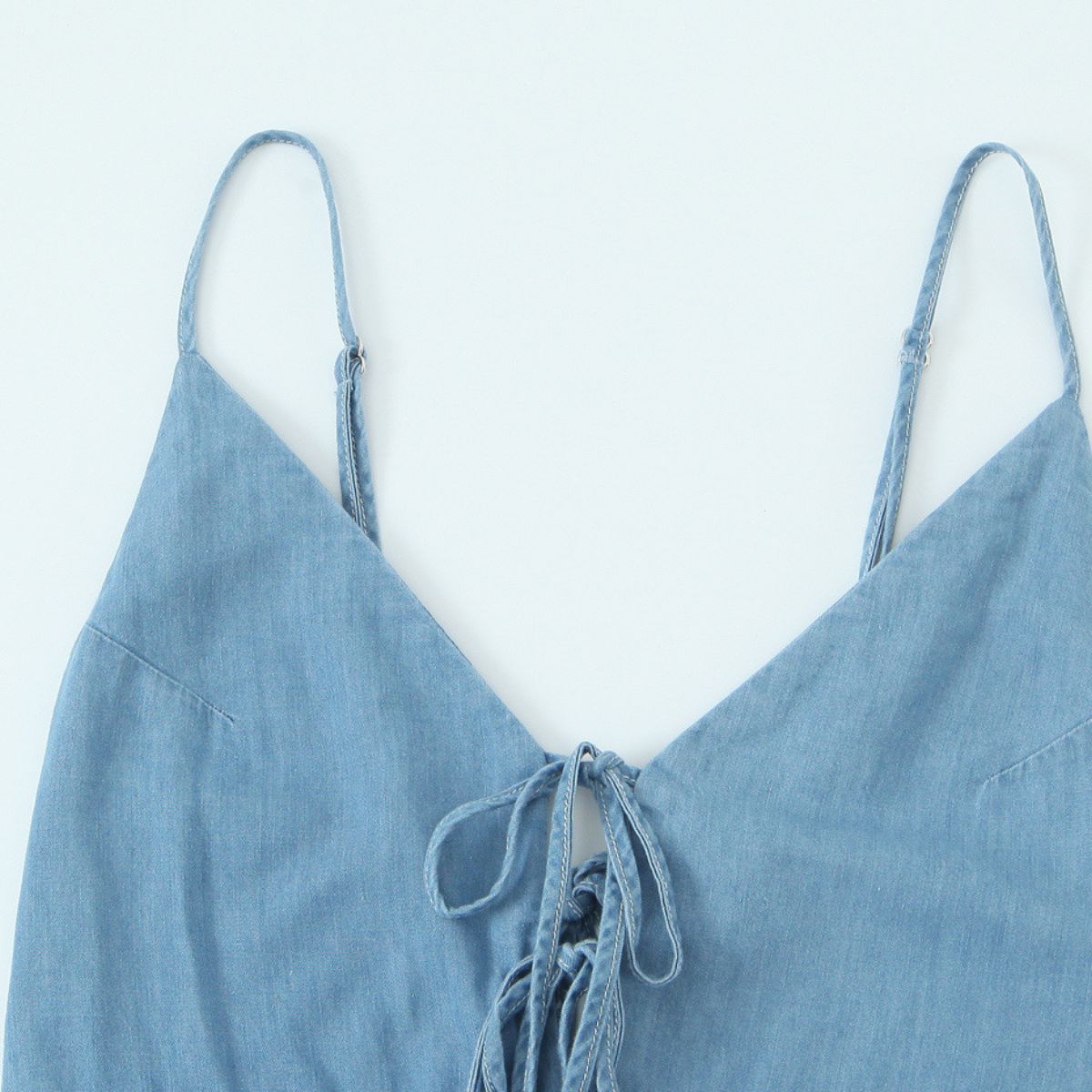 Lace-Up Denim Tiered Hem Slip Midi Dress