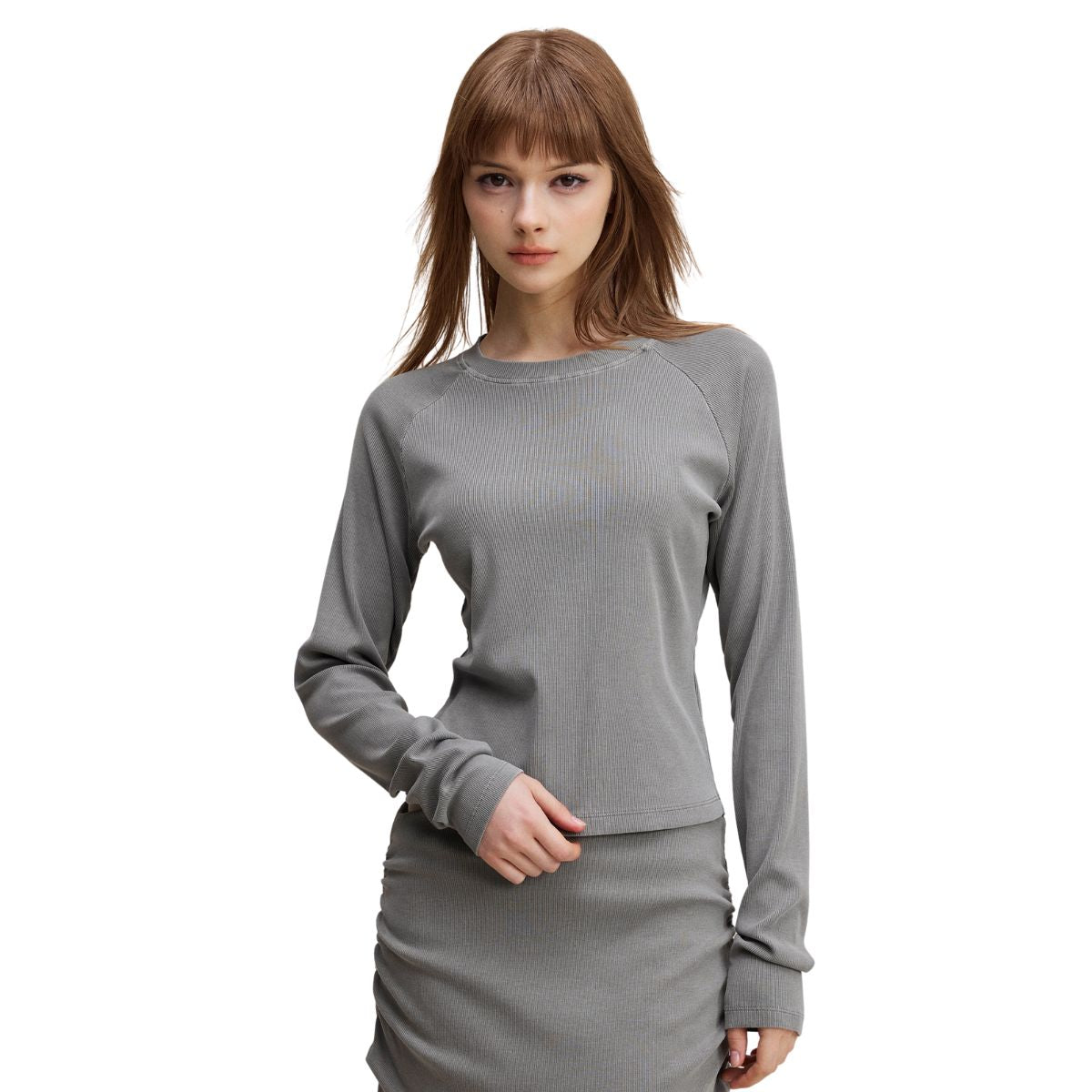 Crew-Neck Long Sleeve Ribbed Top