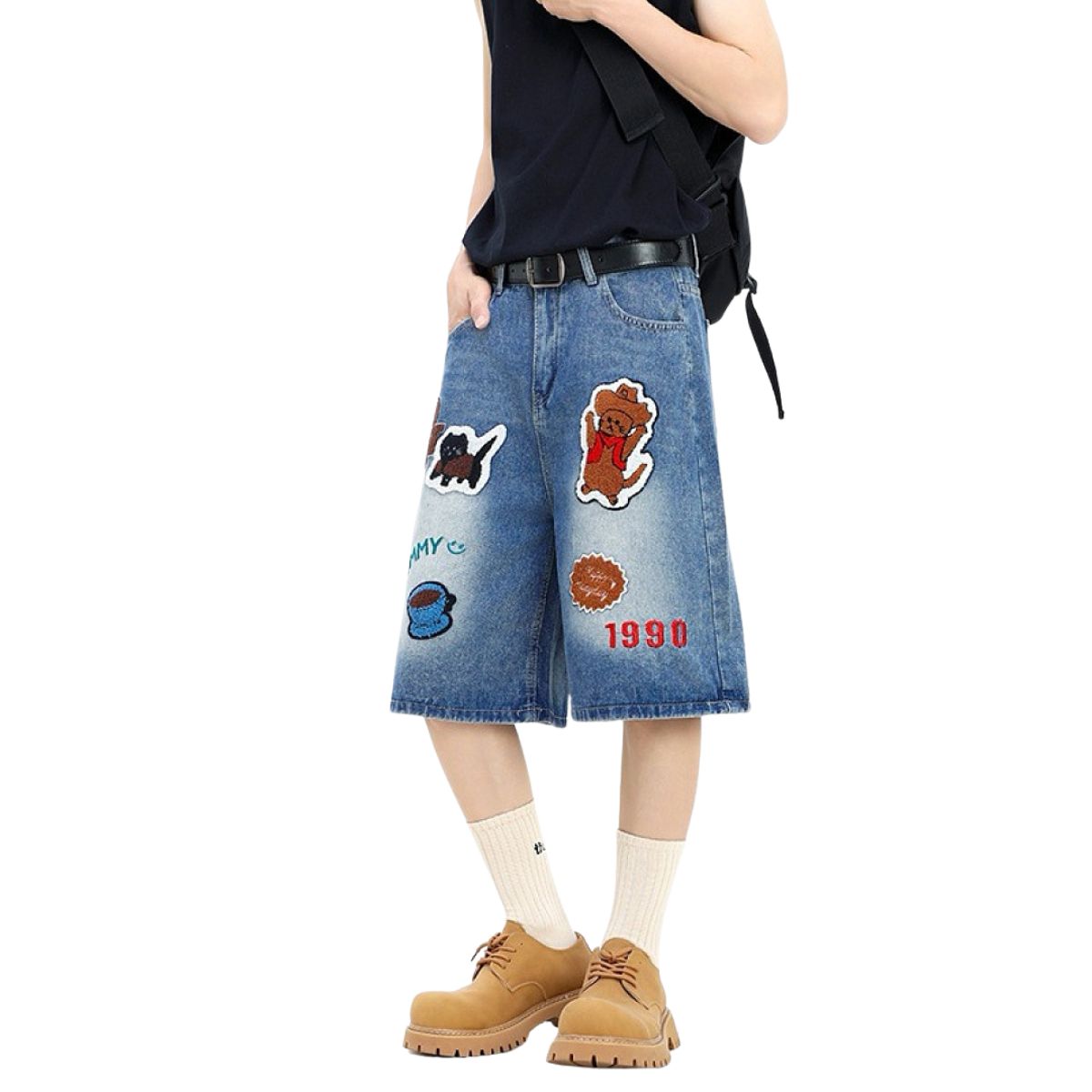 Cartoon Patch Loose Fit Denim Shorts