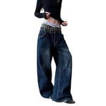 Vintage Washed Double-Waist Wide-Leg Denim Jeans