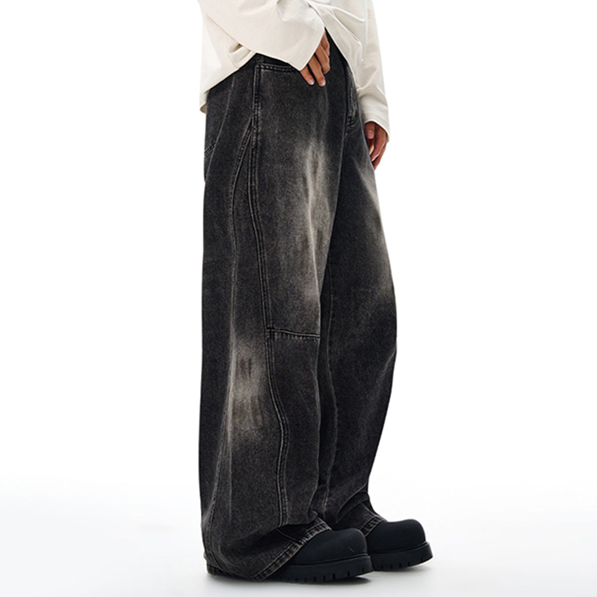 Charcoal Grey Wide-Leg Vintage Washed Jeans